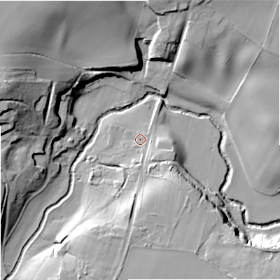 Shaded relief map of the ground around DY75AJ, computed from Environment Agency LiDAR. The ground here sits at about 56 m above sea level and falls 32 m across the surrounding 800 m. Surface water reaching this point runs off ground lying to the south-east, 12.5 m higher.
