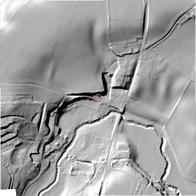 Shaded relief map of the ground around DY75AN, computed from Environment Agency LiDAR. The ground here sits at about 56 m above sea level and falls 34 m across the surrounding 800 m. Surface water reaching this point runs off ground lying to the north-west, 12.4 m higher.