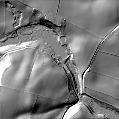 Shaded relief map of the ground around DY75AT, computed from Environment Agency LiDAR. The ground here sits at about 60 m above sea level and falls 51 m across the surrounding 800 m. Surface water reaching this point runs off ground lying to the south-west, 31.9 m higher.
