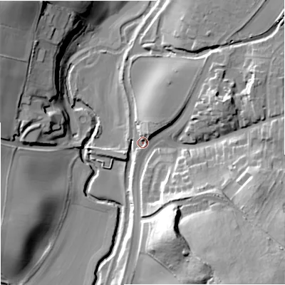 Shaded relief map of the ground around DY75AU, computed from Environment Agency LiDAR. The ground here sits at about 55 m above sea level and falls 42 m across the surrounding 800 m. Surface water reaching this point runs off ground lying to the south-east, 34.8 m higher.