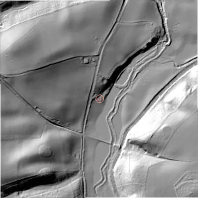 Shaded relief map of the ground around DY75BA, computed from Environment Agency LiDAR. The ground here sits at about 57 m above sea level and falls 45 m across the surrounding 800 m. Surface water reaching this point runs off ground lying to the north-west, 42.7 m higher.