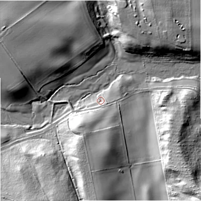 Shaded relief map of the ground around DY75HL, computed from Environment Agency LiDAR. The ground here sits at about 64 m above sea level and falls 27 m across the surrounding 800 m. Surface water reaching this point runs off ground lying to the south-south-west, 15.7 m higher.