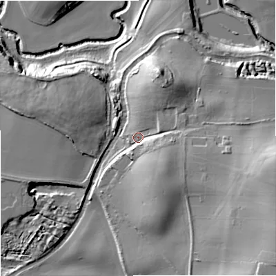 Shaded relief map of the ground around DY75QT, computed from Environment Agency LiDAR. The ground here sits at about 68 m above sea level and falls 38 m across the surrounding 800 m. Surface water reaching this point runs off ground lying to the south-south-east, 11.5 m higher.