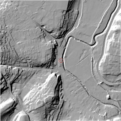 Shaded relief map of the ground around DY76ER, computed from Environment Agency LiDAR. The ground here sits at about 47 m above sea level and falls 38 m across the surrounding 800 m. Surface water reaching this point runs off ground lying to the west, 31.3 m higher.