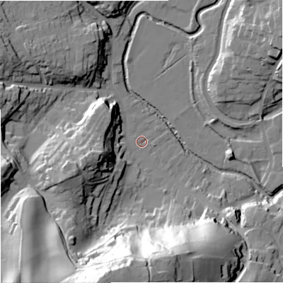 Shaded relief map of the ground around DY76HB, computed from Environment Agency LiDAR. The ground here sits at about 47 m above sea level and falls 67 m across the surrounding 800 m. Surface water reaching this point runs off ground lying to the south-south-west, 63.6 m higher.