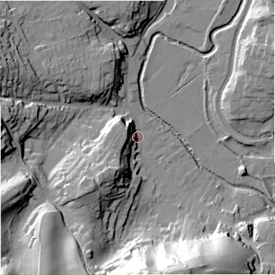 Shaded relief map of the ground around DY76HD, computed from Environment Agency LiDAR. The ground here sits at about 48 m above sea level and falls 60 m across the surrounding 800 m. Surface water reaching this point runs off ground lying to the south, 56.8 m higher.