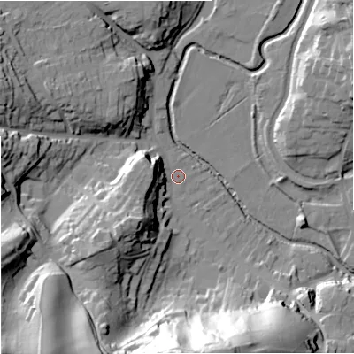Shaded relief map of the ground around DY76HE, computed from Environment Agency LiDAR. The ground here sits at about 47 m above sea level and falls 59 m across the surrounding 800 m. Surface water reaching this point runs off ground lying to the south, 56.1 m higher.