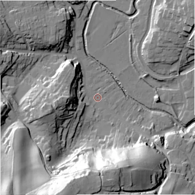 Shaded relief map of the ground around DY76HF, computed from Environment Agency LiDAR. The ground here sits at about 47 m above sea level and falls 67 m across the surrounding 800 m. Surface water reaching this point runs off ground lying to the south-south-west, 64.0 m higher.