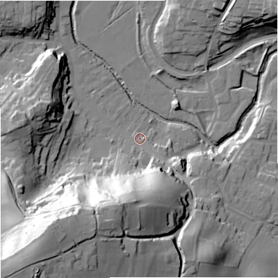 Shaded relief map of the ground around DY76HG, computed from Environment Agency LiDAR. The ground here sits at about 48 m above sea level and falls 71 m across the surrounding 800 m. Surface water reaching this point runs off ground lying to the south-south-west, 54.8 m higher.