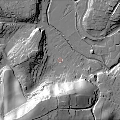 Shaded relief map of the ground around DY76HL, computed from Environment Agency LiDAR. The ground here sits at about 47 m above sea level and falls 68 m across the surrounding 800 m. Surface water reaching this point runs off ground lying to the south-south-west, 63.8 m higher.