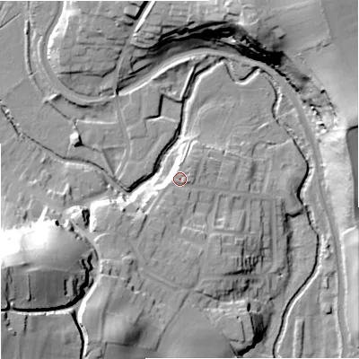 Shaded relief map of the ground around DY76JT, computed from Environment Agency LiDAR. The ground here sits at about 53 m above sea level and falls 59 m across the surrounding 800 m. Surface water reaching this point runs off ground lying to the south-south-west, 4.9 m higher.