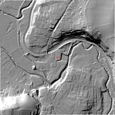 Shaded relief map of the ground around DY76LA, computed from Environment Agency LiDAR. The ground here sits at about 48 m above sea level and falls 61 m across the surrounding 800 m. Surface water reaching this point runs off ground lying to the west, 0.6 m higher.
