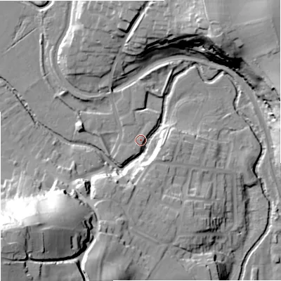 Shaded relief map of the ground around DY76LB, computed from Environment Agency LiDAR. The ground here sits at about 47 m above sea level and falls 61 m across the surrounding 800 m. Surface water reaching this point runs off ground lying to the south-west, 60.7 m higher.