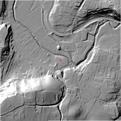 Shaded relief map of the ground around DY76LE, computed from Environment Agency LiDAR. The ground here sits at about 48 m above sea level and falls 68 m across the surrounding 800 m. Surface water reaching this point runs off ground lying to the south-south-west, 5.9 m higher.