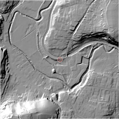 Shaded relief map of the ground around DY76LG, computed from Environment Agency LiDAR. The ground here sits at about 47 m above sea level and falls 64 m across the surrounding 800 m. Surface water reaching this point runs off ground lying to the north-north-east, 12.4 m higher.