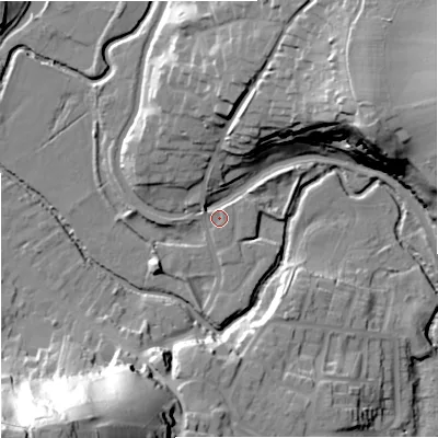 Shaded relief map of the ground around DY76LH, computed from Environment Agency LiDAR. The ground here sits at about 47 m above sea level and falls 62 m across the surrounding 800 m. Surface water reaching this point runs off ground lying to the south-east, 2.3 m higher.