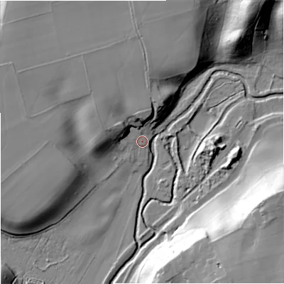 Shaded relief map of the ground around DY76LS, computed from Environment Agency LiDAR. The ground here sits at about 51 m above sea level and falls 39 m across the surrounding 800 m. Surface water reaching this point runs off ground lying to the north, 16.5 m higher.