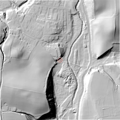 Shaded relief map of the ground around DY76NR, computed from Environment Agency LiDAR. The ground here sits at about 46 m above sea level and falls 49 m across the surrounding 800 m. Surface water reaching this point runs off ground lying to the south-west, 45.2 m higher.