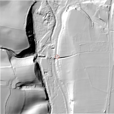Shaded relief map of the ground around DY76NS, computed from Environment Agency LiDAR. The ground here sits at about 46 m above sea level and falls 50 m across the surrounding 800 m. Surface water reaching this point runs off ground lying to the east-north-east, 15.2 m higher.