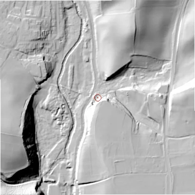 Shaded relief map of the ground around DY76NU, computed from Environment Agency LiDAR. The ground here sits at about 46 m above sea level and falls 47 m across the surrounding 800 m. Surface water reaching this point runs off ground lying to the south-south-east, 13.5 m higher.
