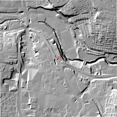 Shaded relief map of the ground around DY81HU, computed from Environment Agency LiDAR. The ground here sits at about 78 m above sea level and falls 34 m across the surrounding 800 m. Surface water reaching this point runs off ground lying to the south-south-east, 4.8 m higher.