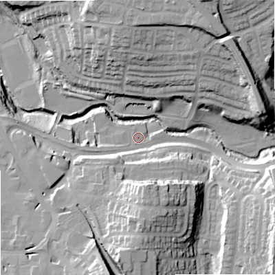 Shaded relief map of the ground around DY81JG, computed from Environment Agency LiDAR. The ground here sits at about 72 m above sea level and falls 34 m across the surrounding 800 m. Surface water reaching this point runs off ground lying to the west-south-west, 3.3 m higher.