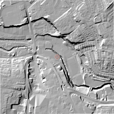 Shaded relief map of the ground around DY81JN, computed from Environment Agency LiDAR. The ground here sits at about 69 m above sea level and falls 43 m across the surrounding 800 m. Surface water reaching this point runs off ground lying to the north-east, 41.4 m higher.