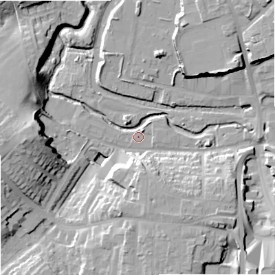 Shaded relief map of the ground around DY81UN, computed from Environment Agency LiDAR. The ground here sits at about 66 m above sea level and falls 25 m across the surrounding 800 m. Surface water reaching this point runs off ground lying to the west, 24.9 m higher.