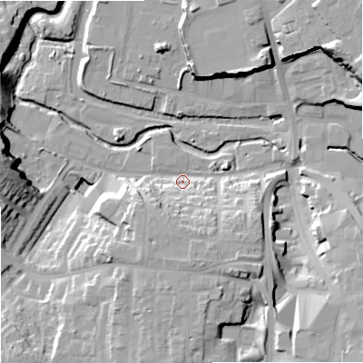 Shaded relief map of the ground around DY81UX, computed from Environment Agency LiDAR. The ground here sits at about 68 m above sea level and falls 24 m across the surrounding 800 m. Surface water reaching this point runs off ground lying to the south, 14.0 m higher.