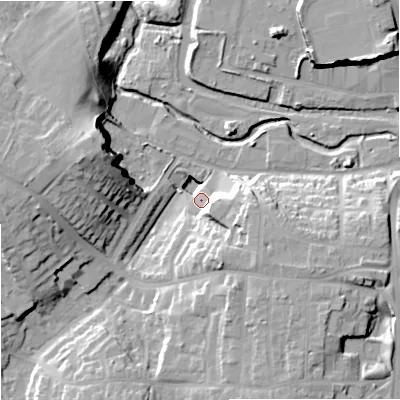 Shaded relief map of the ground around DY81UZ, computed from Environment Agency LiDAR. The ground here sits at about 66 m above sea level and falls 25 m across the surrounding 800 m. Surface water reaching this point runs off ground lying to the south-east, 18.7 m higher.