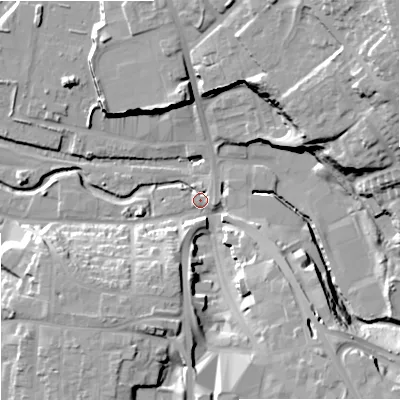 Shaded relief map of the ground around DY81XB, computed from Environment Agency LiDAR. The ground here sits at about 67 m above sea level and falls 33 m across the surrounding 800 m. Surface water reaching this point runs off ground lying to the south-east, 16.3 m higher.