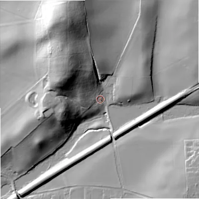 Shaded relief map of the ground around DY82XY, computed from Environment Agency LiDAR. The ground here sits at about 81 m above sea level and falls 47 m across the surrounding 800 m. Surface water reaching this point runs off ground lying to the north-north-west, 38.5 m higher.
