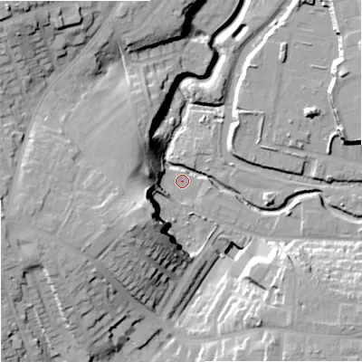 Shaded relief map of the ground around DY83SS, computed from Environment Agency LiDAR. The ground here sits at about 65 m above sea level and falls 29 m across the surrounding 800 m. Surface water reaching this point runs off ground lying to the south-west, 24.9 m higher.