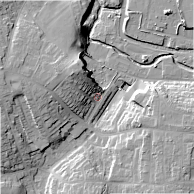 Shaded relief map of the ground around DY83SW, computed from Environment Agency LiDAR. The ground here sits at about 70 m above sea level and falls 25 m across the surrounding 800 m. Surface water reaching this point runs off ground lying to the north-west, 16.9 m higher.