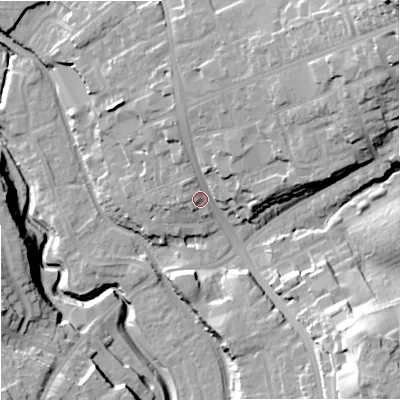 Shaded relief map of the ground around DY84DA, computed from Environment Agency LiDAR. The ground here sits at about 71 m above sea level and falls 38 m across the surrounding 800 m. Surface water reaching this point runs off ground lying to the north-east, 21.4 m higher.