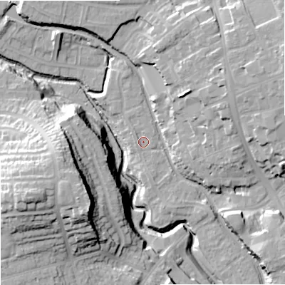 Shaded relief map of the ground around DY84DW, computed from Environment Agency LiDAR. The ground here sits at about 65 m above sea level and falls 36 m across the surrounding 800 m. Surface water reaching this point runs off ground lying to the south-south-east, 1.4 m higher.