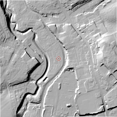Shaded relief map of the ground around DY84DZ, computed from Environment Agency LiDAR. The ground here sits at about 66 m above sea level and falls 33 m across the surrounding 800 m. Surface water reaching this point runs off ground lying to the north-north-east, 0.6 m higher.