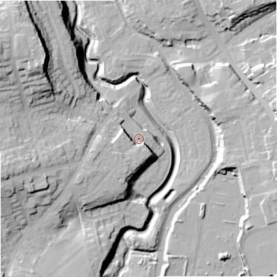 Shaded relief map of the ground around DY84GA, computed from Environment Agency LiDAR. The ground here sits at about 69 m above sea level and falls 34 m across the surrounding 800 m. Surface water reaching this point runs off ground lying to the south-west, 8.0 m higher.