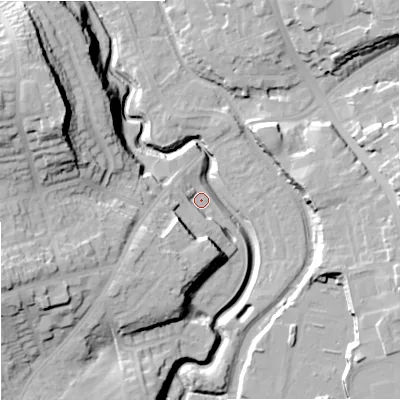 Shaded relief map of the ground around DY84GB, computed from Environment Agency LiDAR. The ground here sits at about 65 m above sea level and falls 34 m across the surrounding 800 m. Surface water reaching this point runs off ground lying to the south-west, 13.9 m higher.