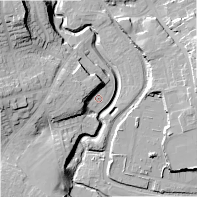 Shaded relief map of the ground around DY84GD, computed from Environment Agency LiDAR. The ground here sits at about 66 m above sea level and falls 34 m across the surrounding 800 m. Surface water reaching this point runs off ground lying to the west, 13.0 m higher.