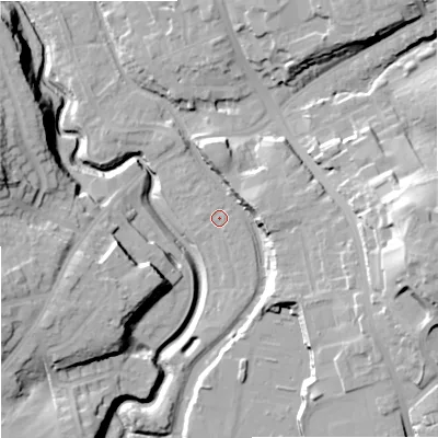 Shaded relief map of the ground around DY84GF, computed from Environment Agency LiDAR. The ground here sits at about 66 m above sea level and falls 33 m across the surrounding 800 m. Surface water reaching this point runs off ground lying to the south-east, 0.8 m higher.