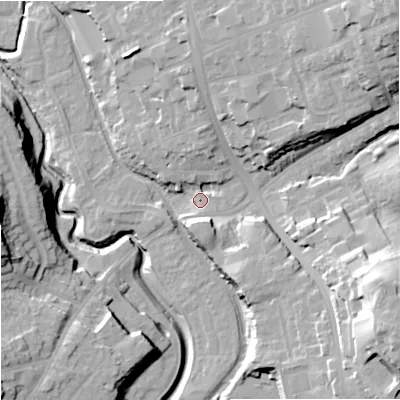 Shaded relief map of the ground around DY84HP, computed from Environment Agency LiDAR. The ground here sits at about 68 m above sea level and falls 33 m across the surrounding 800 m. Surface water reaching this point runs off ground lying to the south-east, 26.3 m higher.