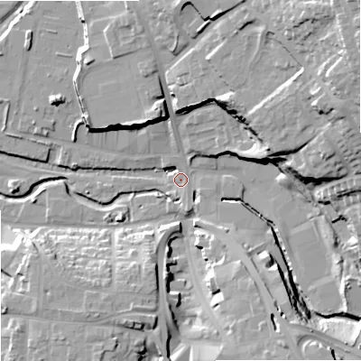 Shaded relief map of the ground around DY84LY, computed from Environment Agency LiDAR. The ground here sits at about 67 m above sea level and falls 35 m across the surrounding 800 m. Surface water reaching this point runs off ground lying to the north-east, 33.4 m higher.