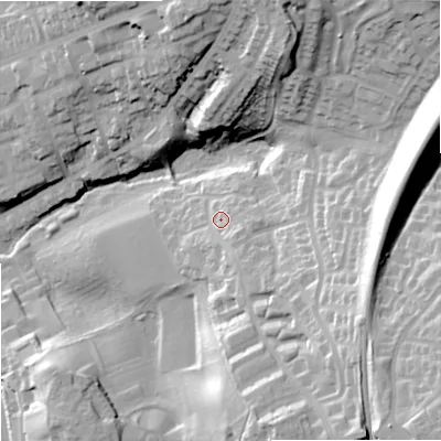 Shaded relief map of the ground around DY84LZ, computed from Environment Agency LiDAR. The ground here sits at about 83 m above sea level and falls 44 m across the surrounding 800 m. Surface water reaching this point runs off ground lying to the south-east, 12.3 m higher.