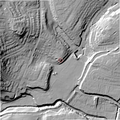 Shaded relief map of the ground around DY85AJ, computed from Environment Agency LiDAR. The ground here sits at about 72 m above sea level and falls 39 m across the surrounding 800 m. Surface water reaching this point runs off ground lying to the north-north-west, 7.5 m higher.
