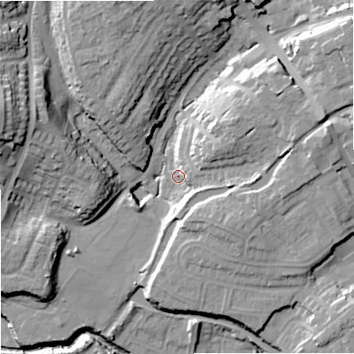 Shaded relief map of the ground around DY85BD, computed from Environment Agency LiDAR. The ground here sits at about 65 m above sea level and falls 28 m across the surrounding 800 m. Surface water reaching this point runs off ground lying to the west-north-west, 19.7 m higher.