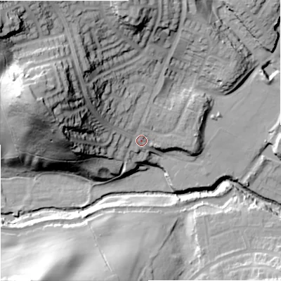 Shaded relief map of the ground around DY85DS, computed from Environment Agency LiDAR. The ground here sits at about 71 m above sea level and falls 59 m across the surrounding 800 m. Surface water reaching this point runs off ground lying to the west-north-west, 39.6 m higher.