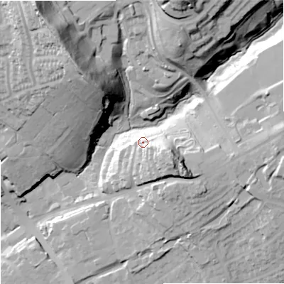 Shaded relief map of the ground around DY85DX, computed from Environment Agency LiDAR. The ground here sits at about 84 m above sea level and falls 53 m across the surrounding 800 m. Surface water reaching this point runs off ground lying to the south-east, 17.9 m higher.