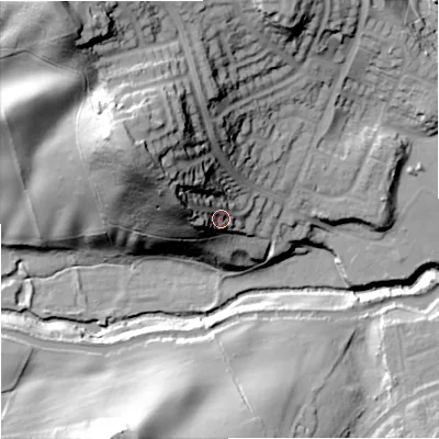 Shaded relief map of the ground around DY85HS, computed from Environment Agency LiDAR. The ground here sits at about 79 m above sea level and falls 64 m across the surrounding 800 m. Surface water reaching this point runs off ground lying to the west-north-west, 21.0 m higher.