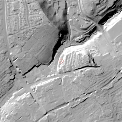 Shaded relief map of the ground around DY85SH, computed from Environment Agency LiDAR. The ground here sits at about 74 m above sea level and falls 55 m across the surrounding 800 m. Surface water reaching this point runs off ground lying to the east, 31.7 m higher.